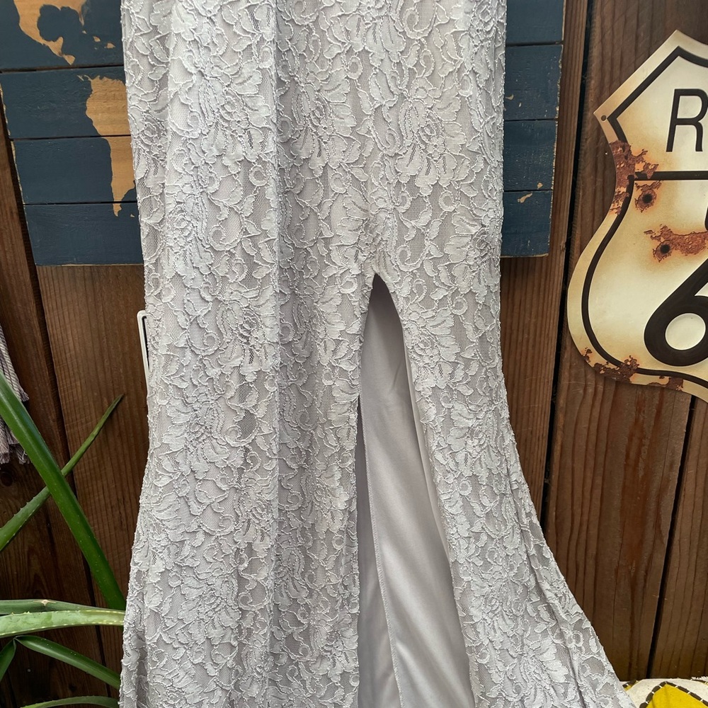 lace sequin embellishments, mid slit, open lace neck/side cut outs, sleeveless